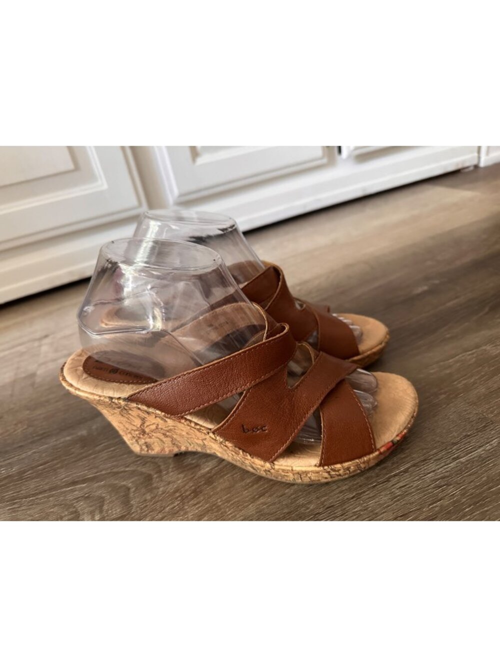 b.o.c. Brown Leather Cork Wedge Sandals